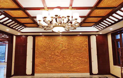 北流中式别墅客厅中式木作横梁吊顶装饰展示